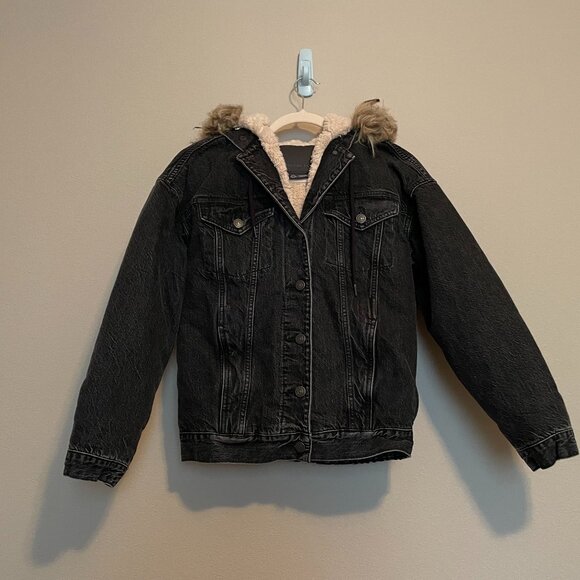 American Eagle XS, Black, Faux Fur lined Jacket with Faux Fur Hoodie - Picture 1 of 12